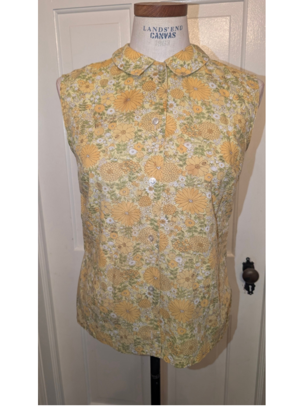 Vintage 60s Floral Sleeveless Button Down Shirt, Size S, Yellow/Green